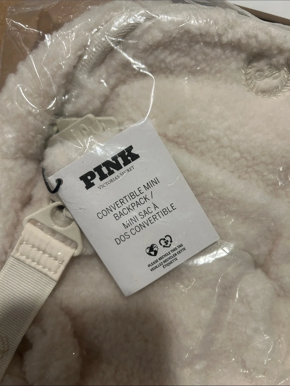Victoria's Secret PINK White Fuzzy Sherpa Mini Convertible Bckpck.NWT in plastic